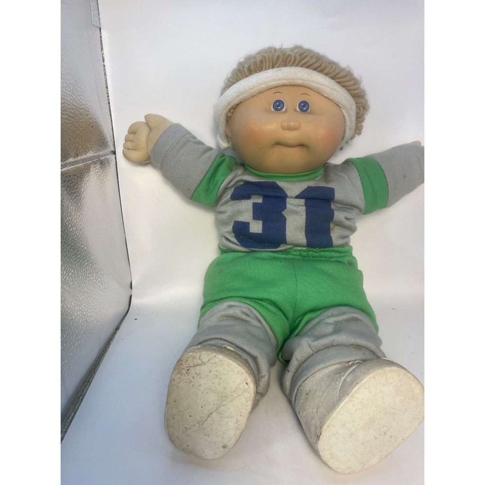 Cabbage Patch Kids Doll 1982 Coleco Boy Brown Hair Yarn Gray Green Sport Outfit